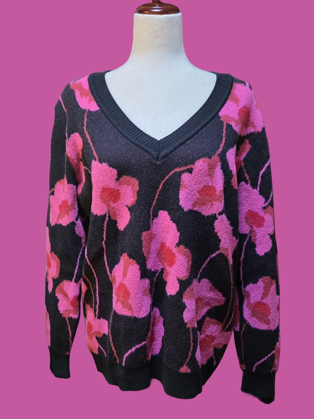 Cabi Black & Pink Floral Knit V Neck Sweater